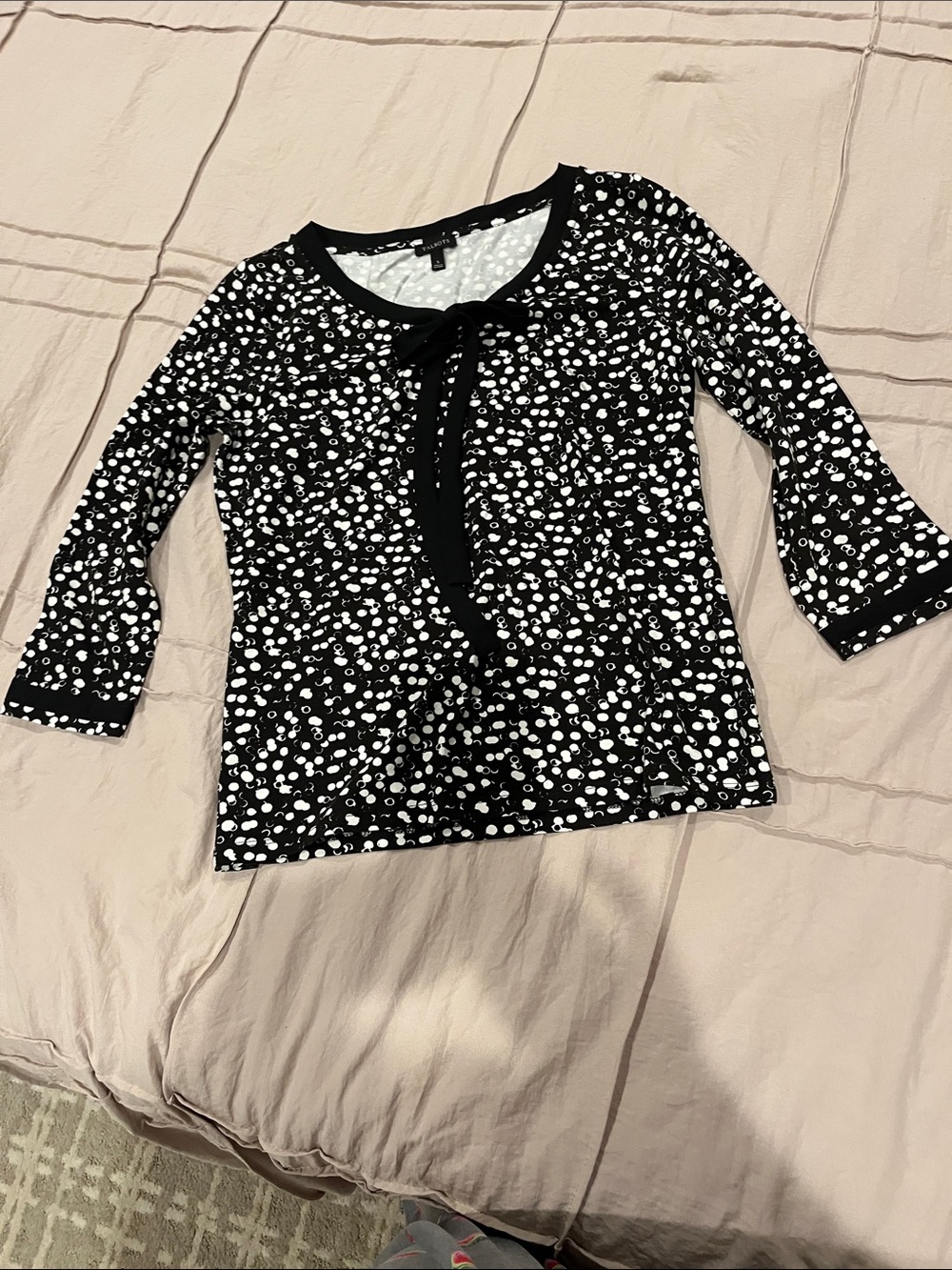 Loft Black and White Polka Dot Tie-Neck Long Sleeve Top